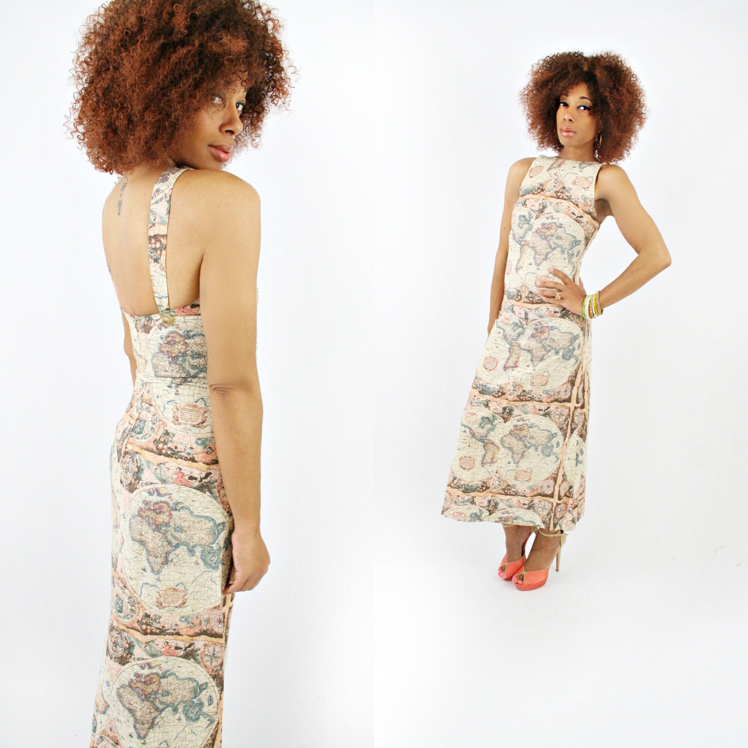 vintage sleeveless ANTIQUE treasure MAP maxi BODYCON wiggle dress