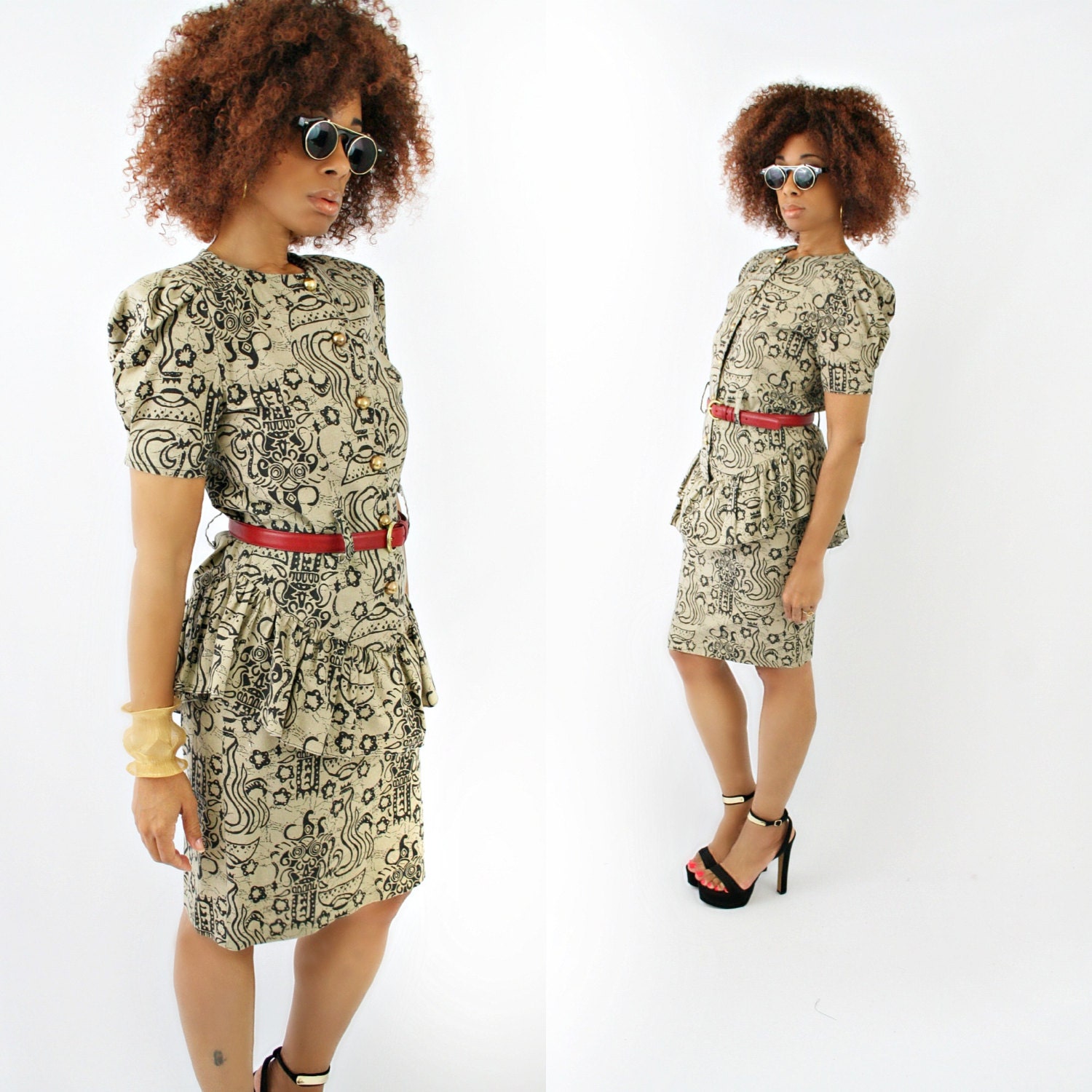 vintage 80s ethnic tribal HIEROGLYPHICS peplum dress size M