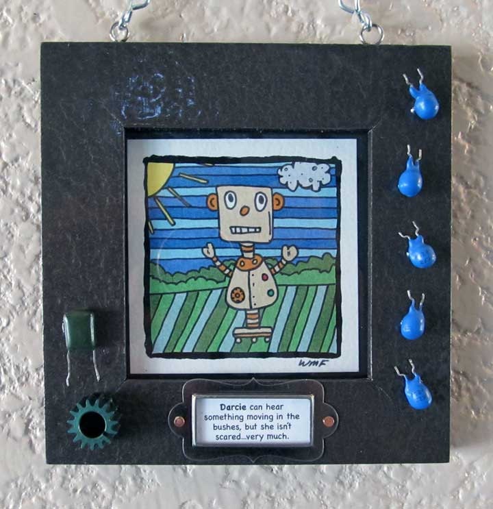 Tiny Robot Darcie. 3.5"X3.5" Original Signed Drawing. Ink on Watercolor Paper with Custom Frame.