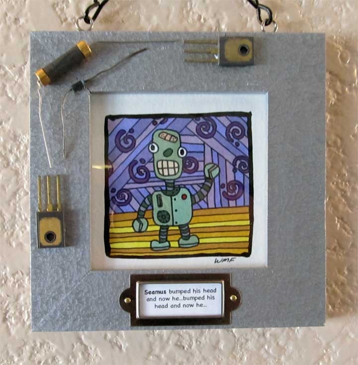 Tiny Robot Seamus. 3.5"X3.5" Original Signed Drawing. Ink on Watercolor Paper with Custom Frame.