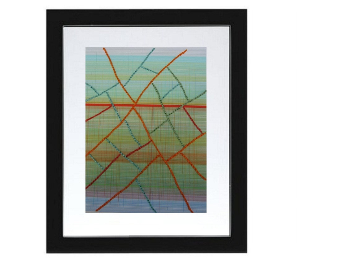 Mixed media, Original hand embroidered  abstract generative art  print,  Stitched Lines Orange1,  8x 10 inch cotton rag paper