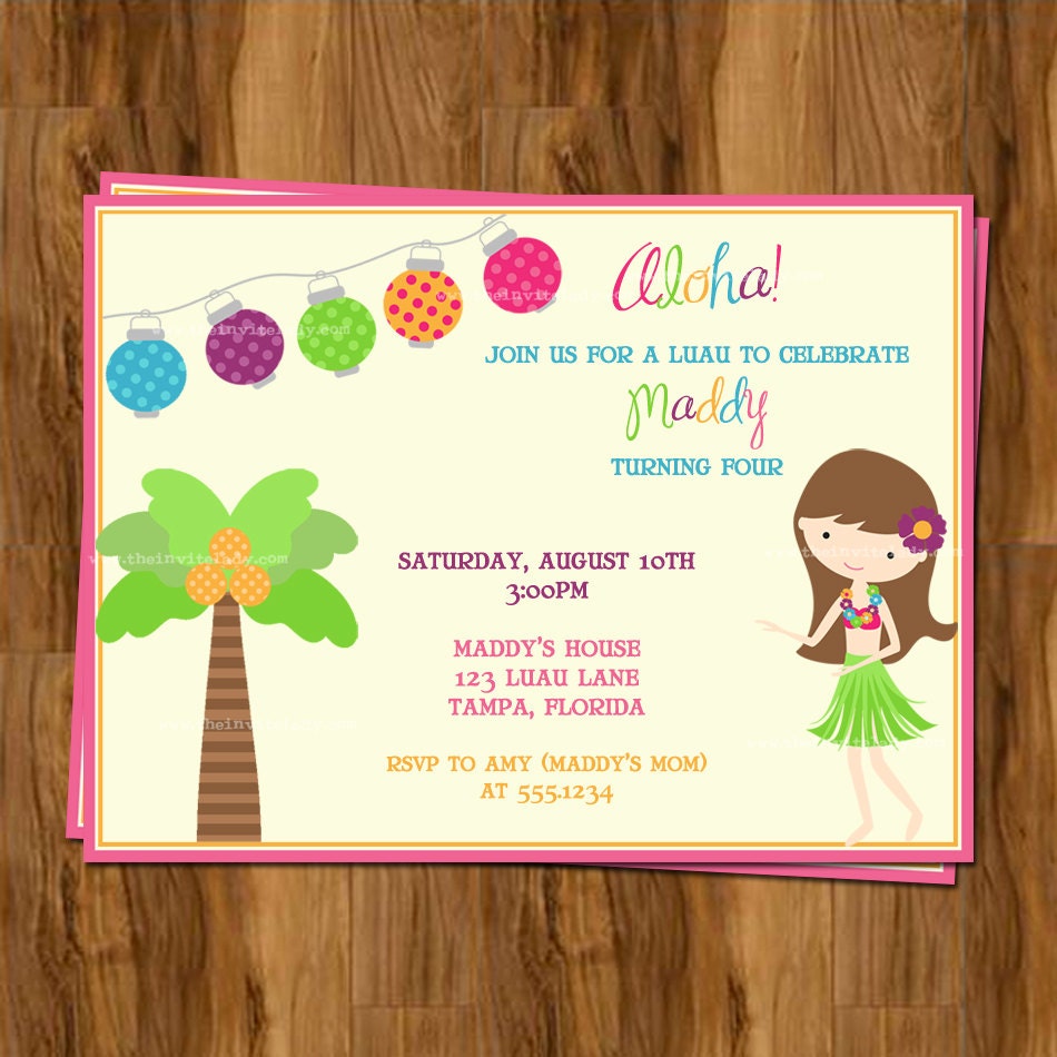 Luau Party Invitations, Birthday Party Invites,  All skin tones and hair colors available, Set of 10 Printed, Free Shipping