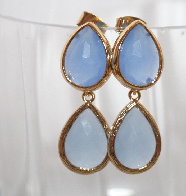Powder Blue Teardrop Earrings, Pale Sky Blue and Gold Earrings, Periwinkle Blue Double Drop Earrings, Modern couture style - Etsy Gift