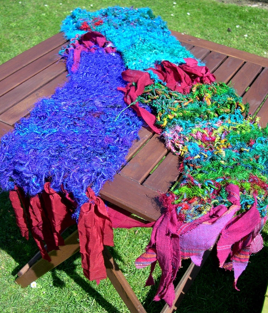 Unique handknitted scarf in handspun reclaimed sari silk yarn: After the long bleak winter