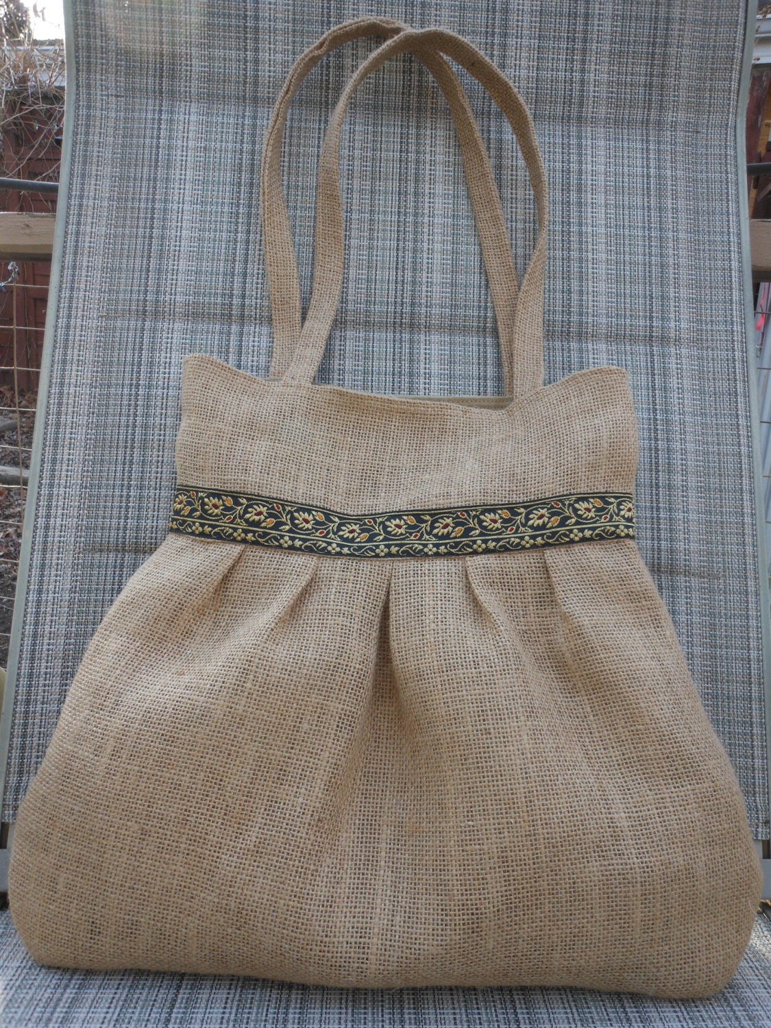 Elegant Pleated Hobo Shoulder Everyday, Folkloric Look  Bag - Natural Burlap Fabric with decorative ribbon