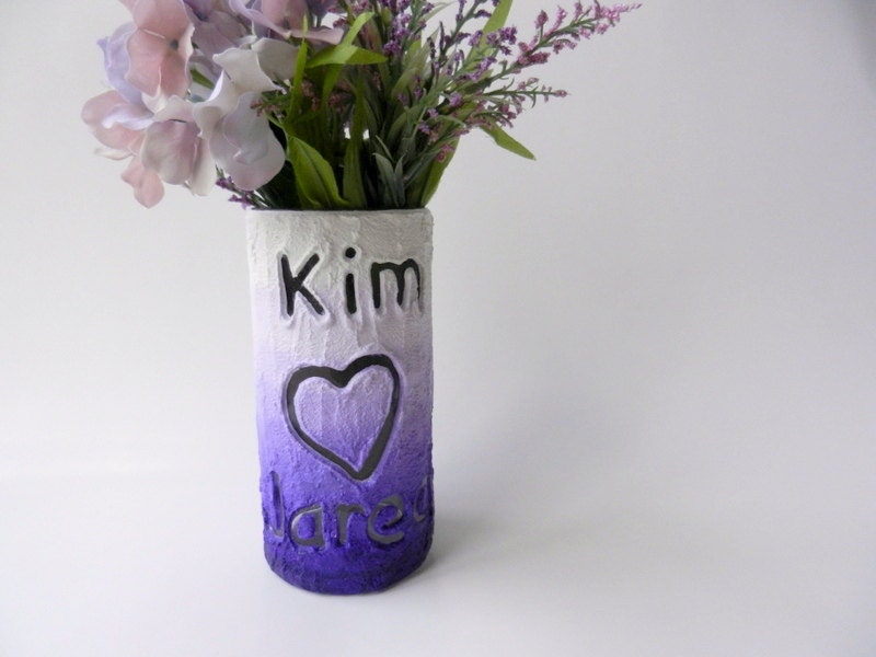 Purple ombre Vase with name / heart carving / Personalized gift / wedding gift / customized vase / made-to-order by Carriage Oak Cottage