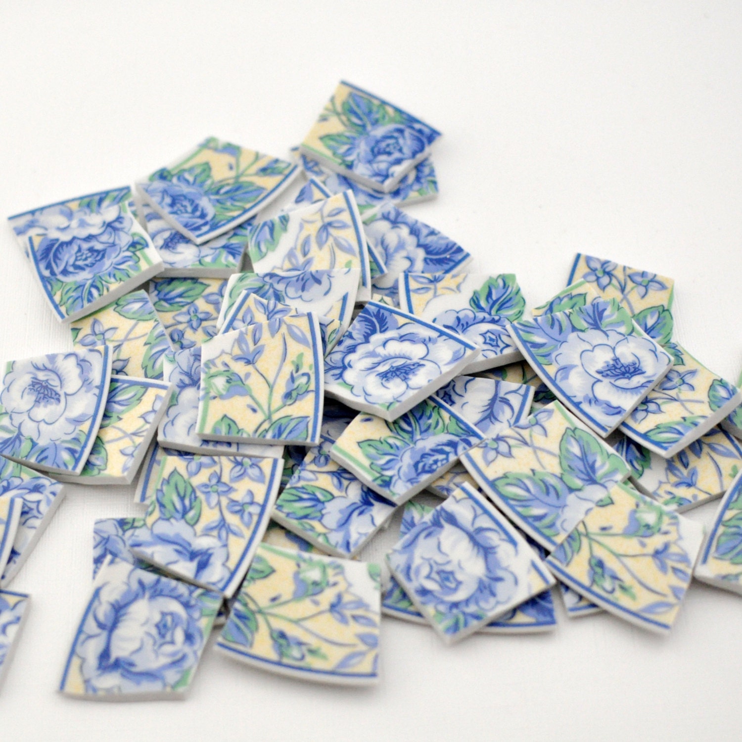 Broken China Mosaic Tiles - Recycled Plates - Blue and Yellow - Set of 25