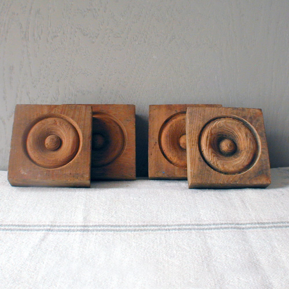 Vintage Turned Wood Plinths Corner Block Rosettes set of 4