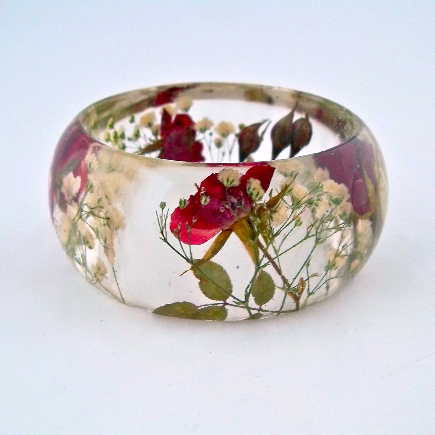 Red Roses and White Baby's Breath in a Chunky Resin Bangle.  Pressed Roses Bangle Bracelet.  Real Flowers - Pressed Rosebuds.