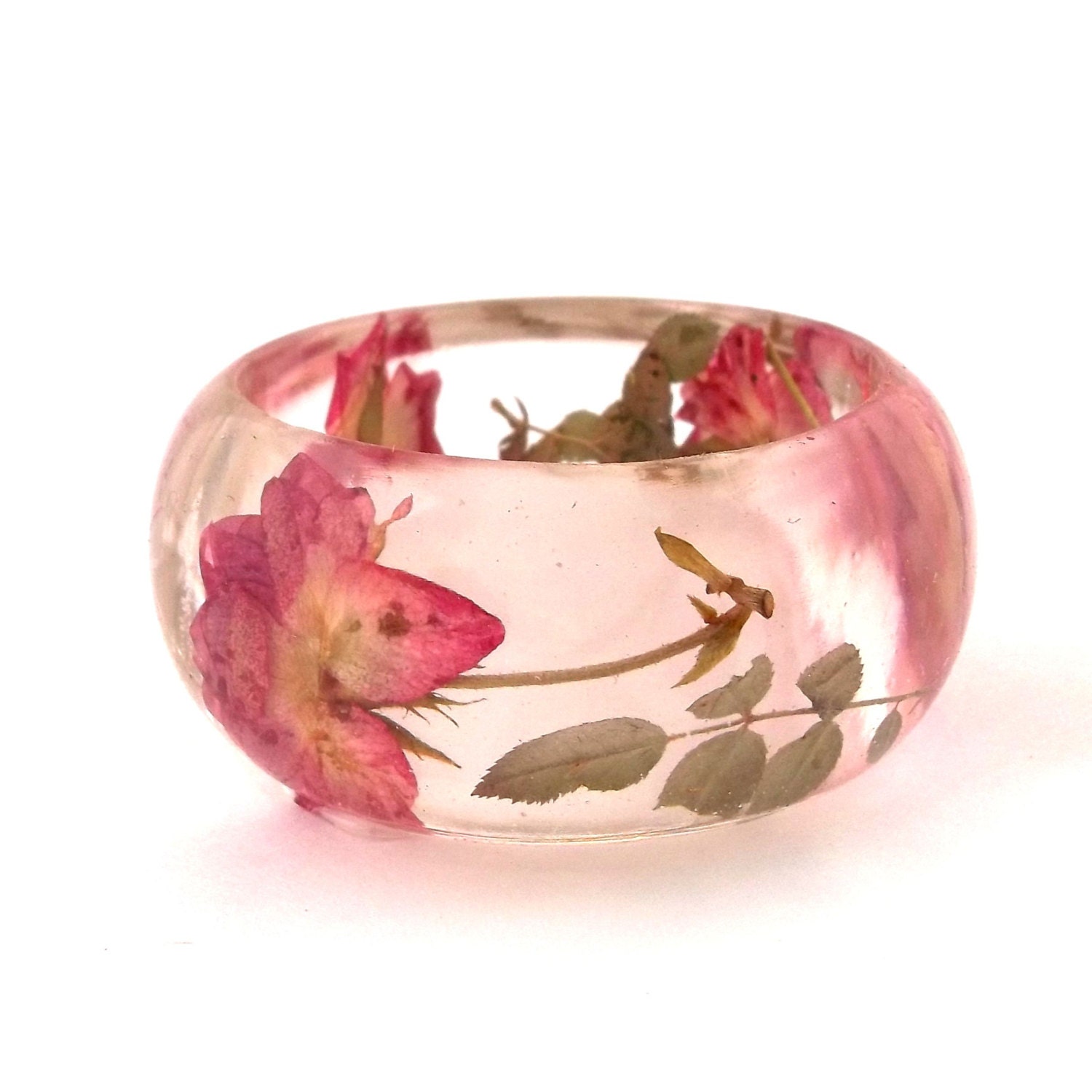 Pink and Yellow Roses in a Chunky Resin Bangle.  Pressed Roses Bangle Bracelet.  Real Flowers - Pressed Rosebuds.  Handmade Resin Jewelry