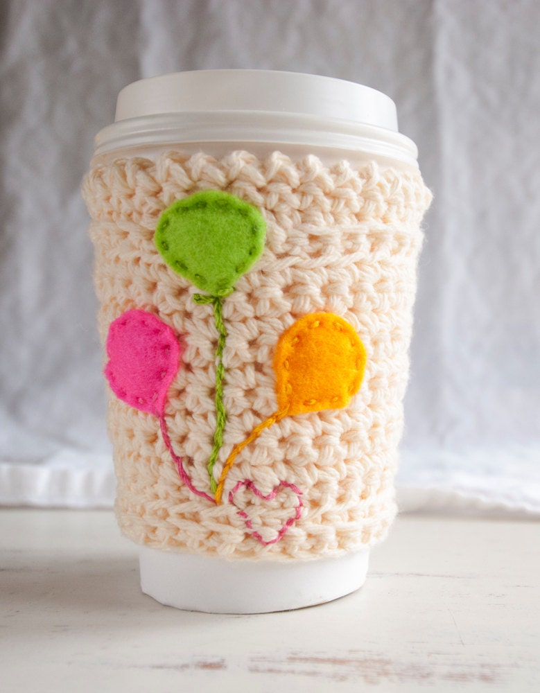 Balloon cup cozy, crochet spring coffee cozy with heart