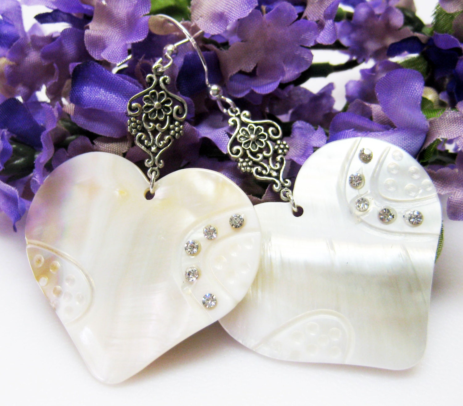White Mother of Pearl Heart Earrings - Heart Earrings - Dangle Earrings - Chandeliers - Bling -  Large