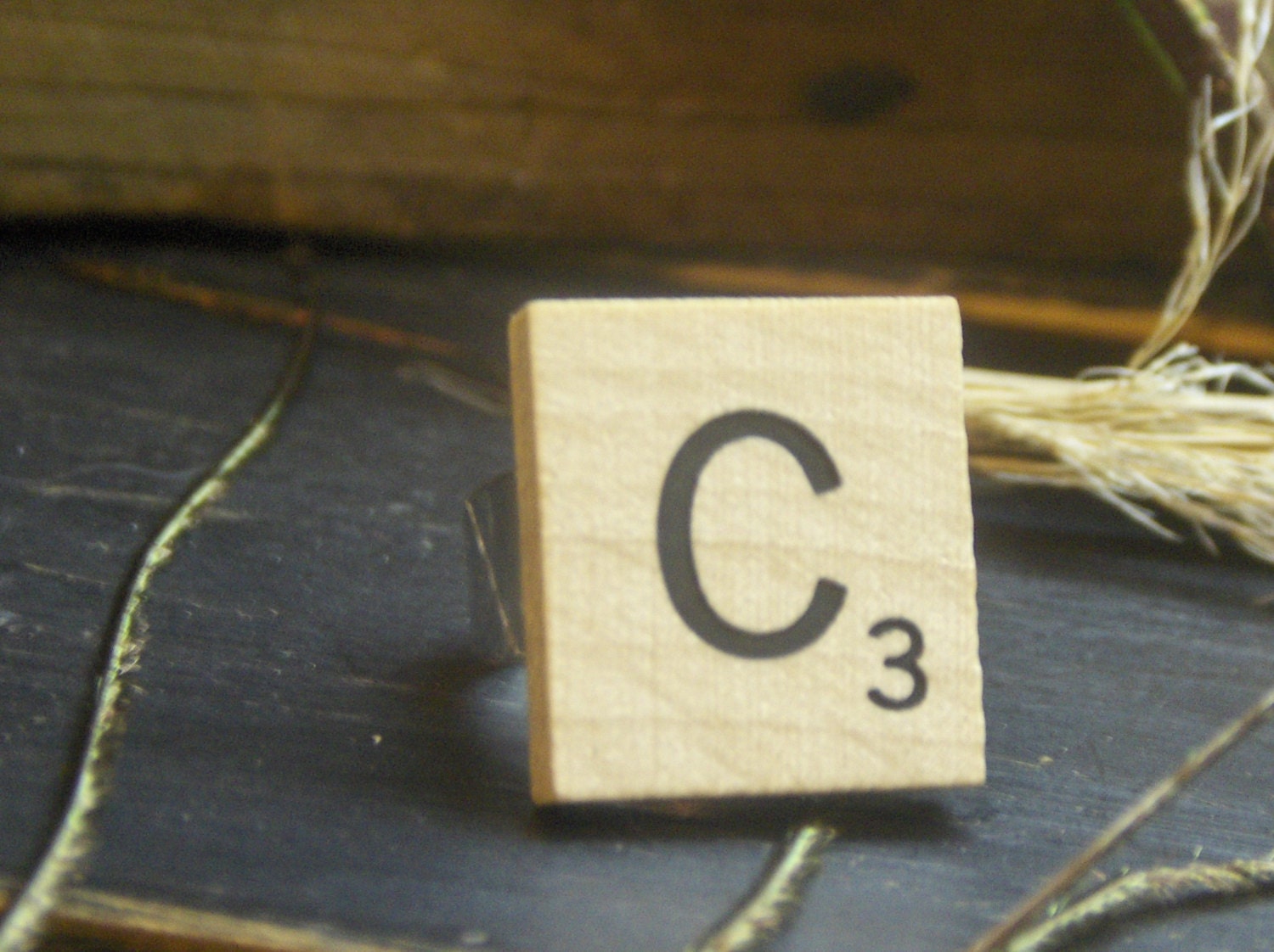 C 3 . Upcycled wood scrabble tile bespoke adjustable curious ring.