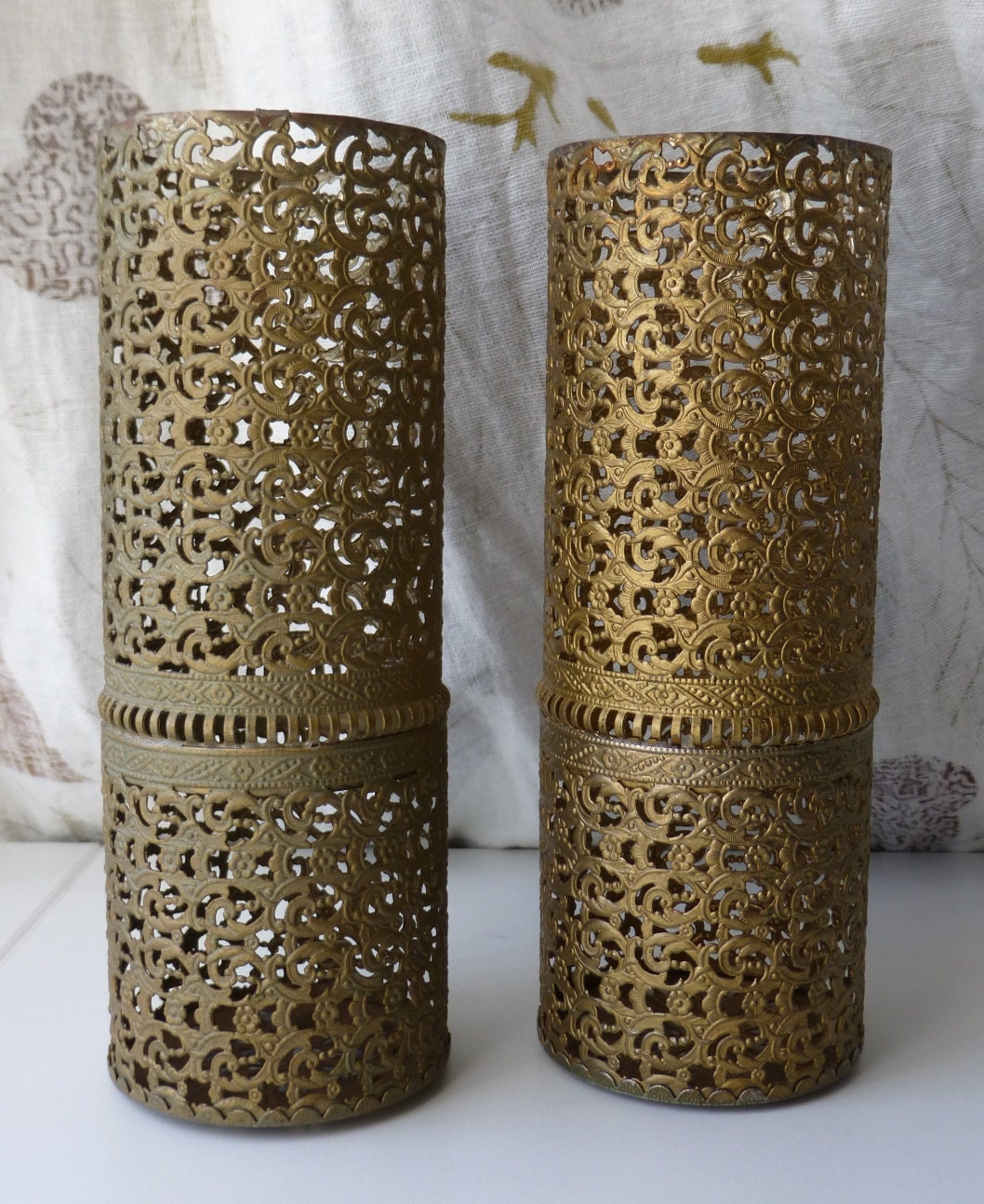Vintage Hollywood Regency Filigree Gold Metal Can Covers