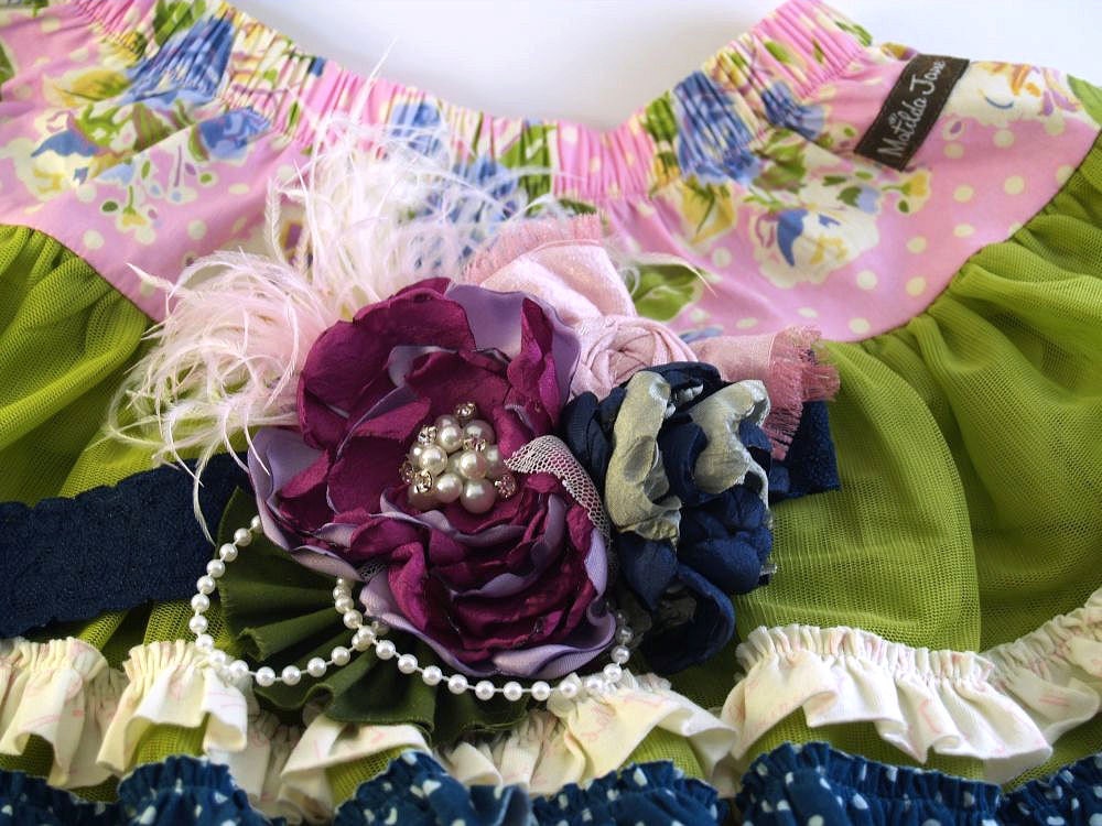 M2M Made to Match Matilda Jane Good Hart Sea Salt Skirt...Flower Headband Shabby Chic Pearls Rhinestones Feathers