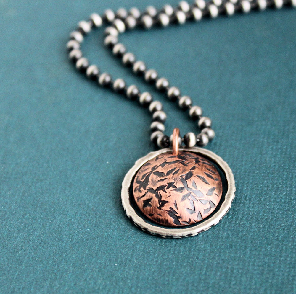 Mens Reversible Pendant Necklace, Rustic Copper, Silver Chain, Silver Ring, Oxidized Mixed Metal