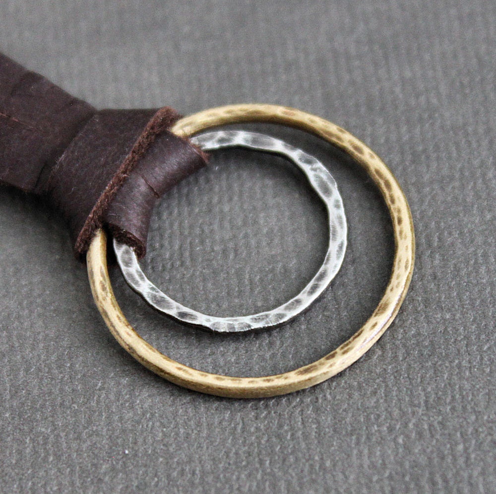 Leather Ring Necklace Sterling Silver Brass Pendant Deerskin Lace, Mixed Metal