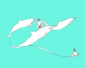 dauphins and surfing boy