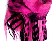 Nuno Felted Scarf, Hot Pink Black Felted Scarf With Fringes, Silk Merino Wool Scarf