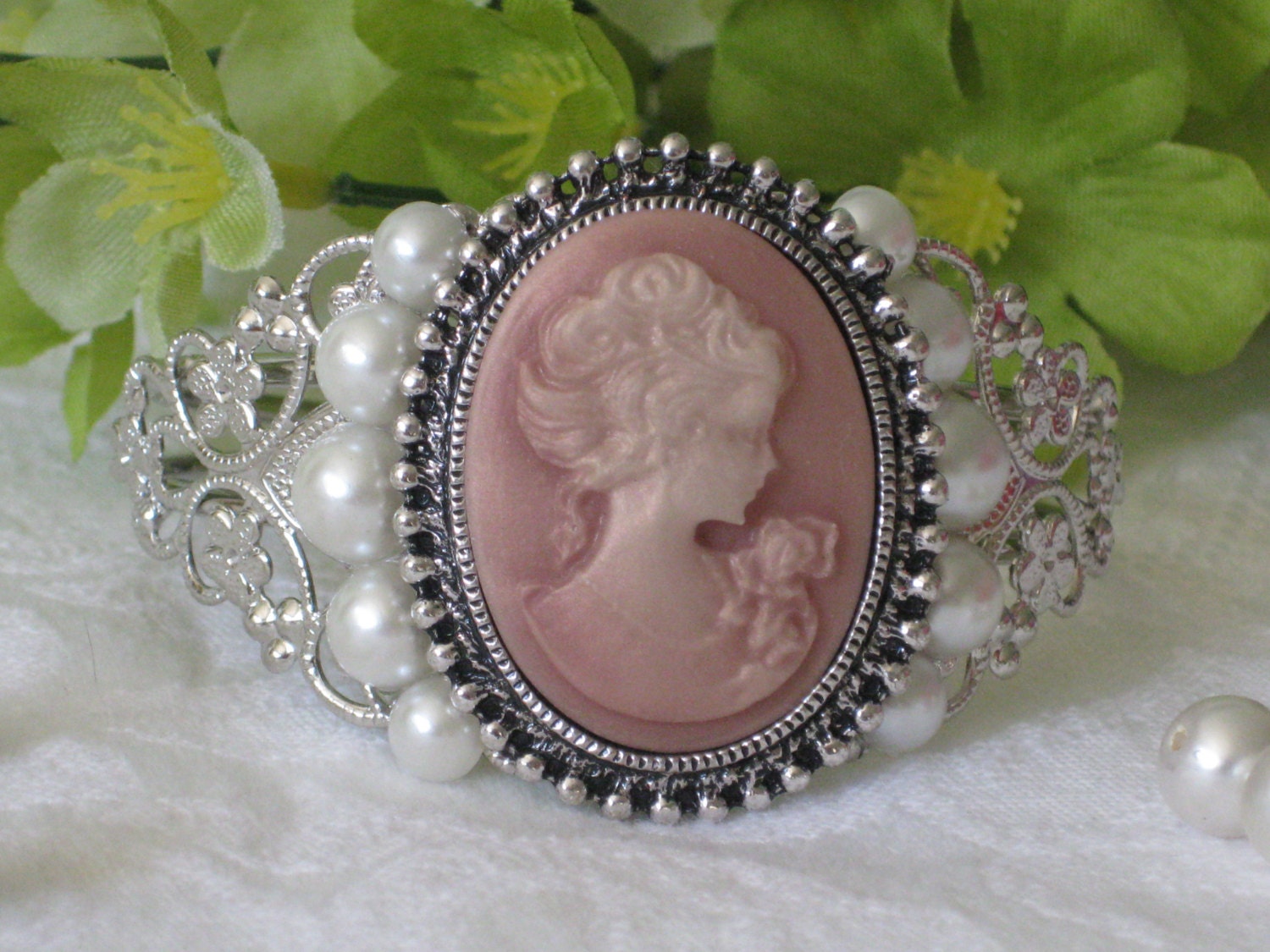 Cameo Bracelet, Silver Cuff, Lady Cameo, Pearl Beads, Rose and White Cameo, Cameo Jewelry, Cuff Bracelet, Cameo,