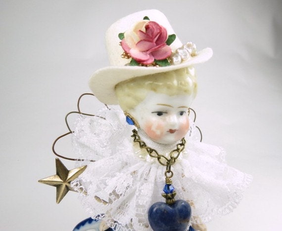 Kentucky Derby Assemblage Angel "Derby Girl"  Assemblage Art Doll, Blue Willow Assemblage Angel, Fairy