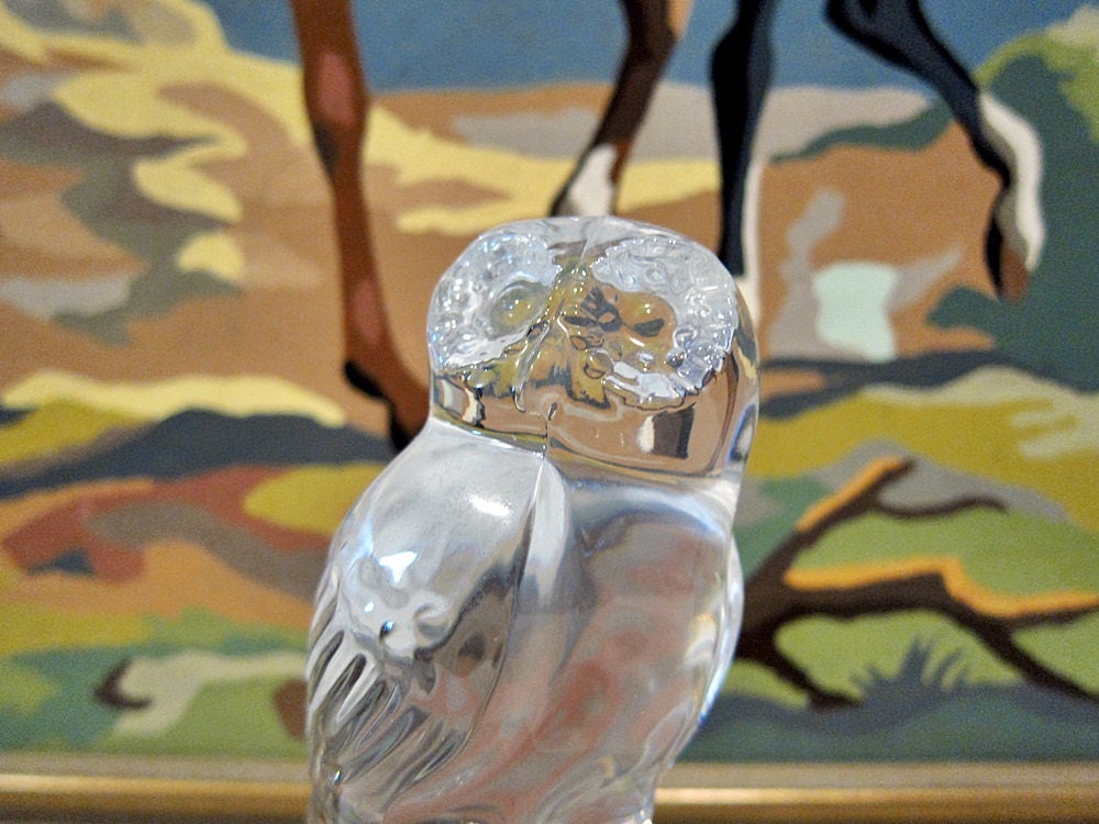 vintage Clear Glass Owl stands on frosted glass branches - Saw Whet Owl