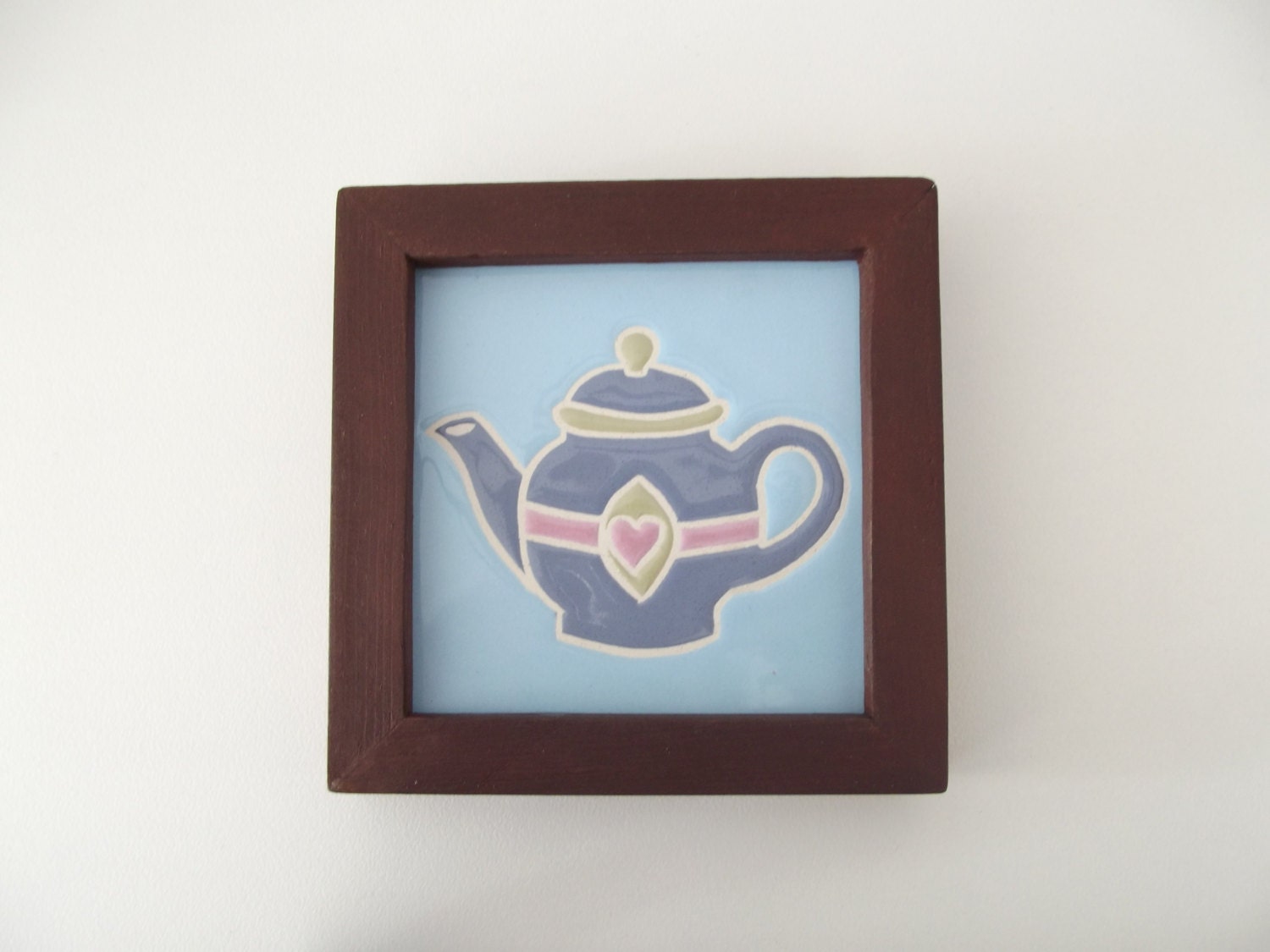 Ceramic Tile in Wood Frame Clay Teapot Kitchen Home Decor Unique Handmade Artisan Gift for Housewarming
