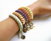 Chic Friendship bracelet - Fabulous - trendy pastel mint soft  peach creamy yellow violet  orange faux suede leather golden chains