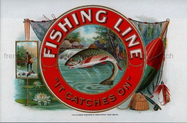 antique fly fishing trout cigar label illustration
