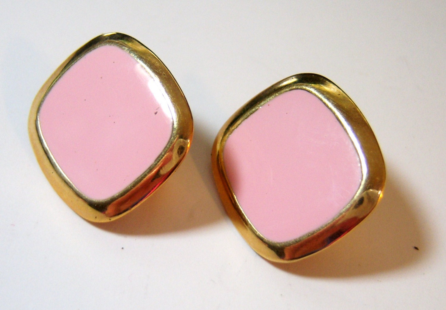 powder pink and gold tone clip on vintage earrings