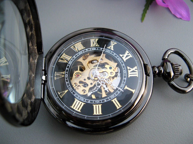 Premium Victorian Black & Gold Mechanical Pocket Watch with Watch Chain - Men - Groomsmen - Watch - Steampunk Edwardian - Item MPW295