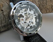 Elegant Classic Automatic Mechanical Wrist Watch with Black Leather Wristband - Steampunk Era - Men - Groomsmen - Watch - Item MWA012