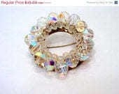 ON SALE Vintage Crystal Glass Bead Brooch, Vintage Jewelry Jewellery Circle Pin