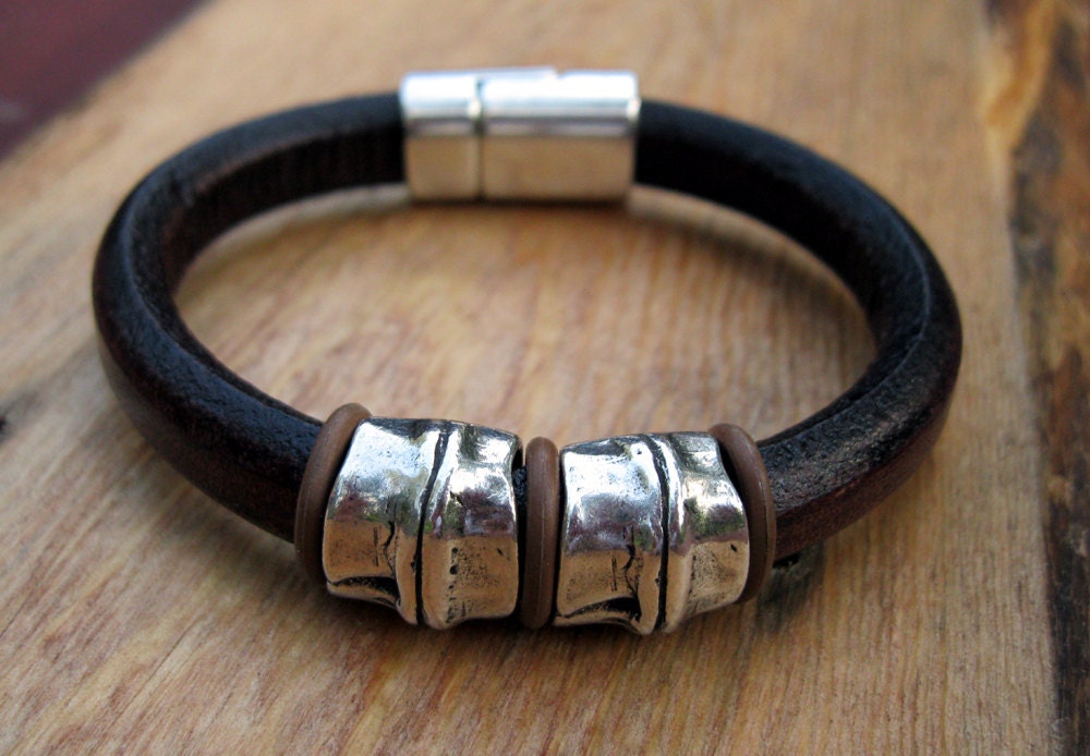 Licorice Leather Regalize Leather Distressed Brown Leather Bracelet With Silver Bamboo Sliders