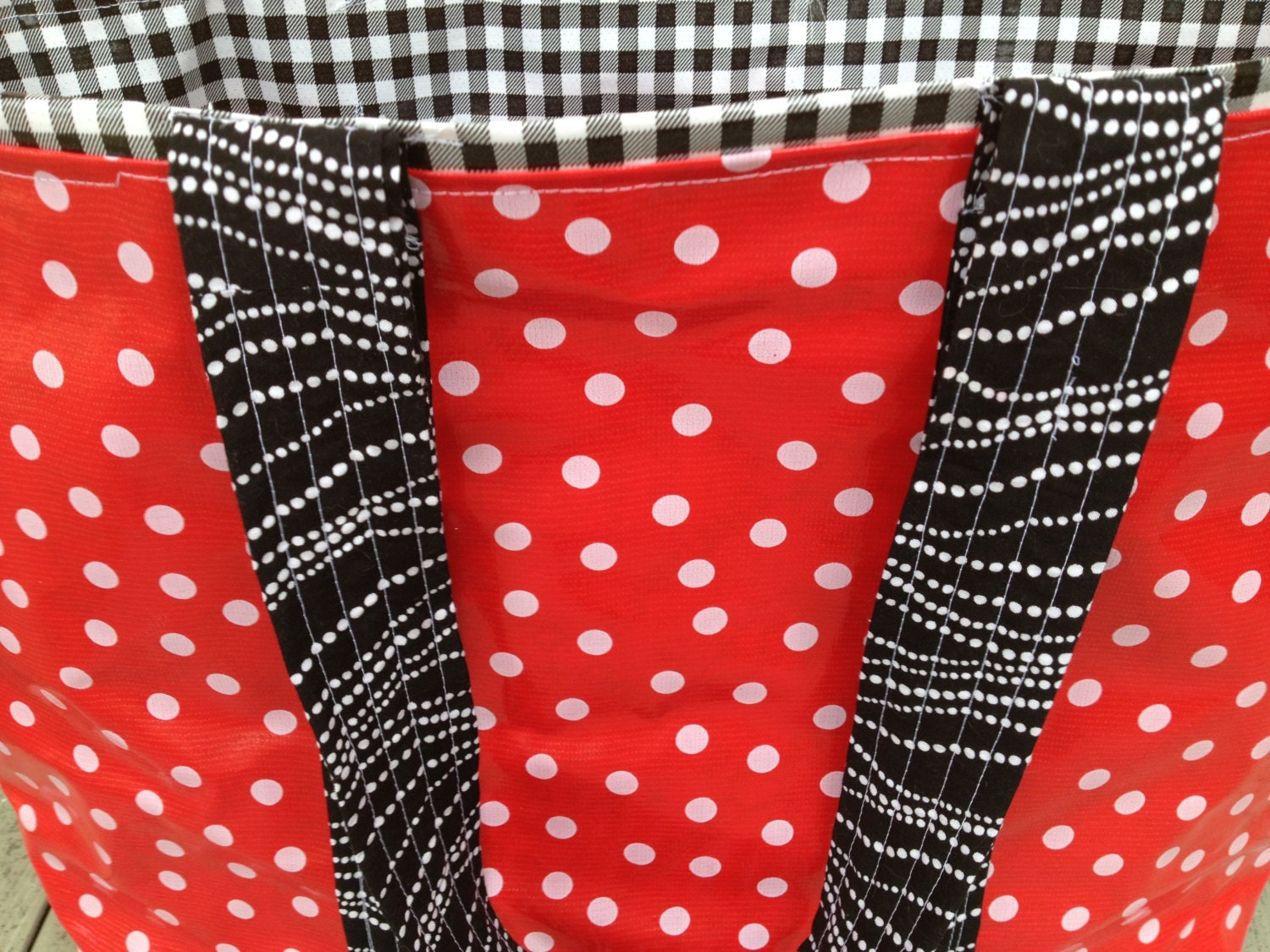 Large retro oilcloth tote bag in red and black