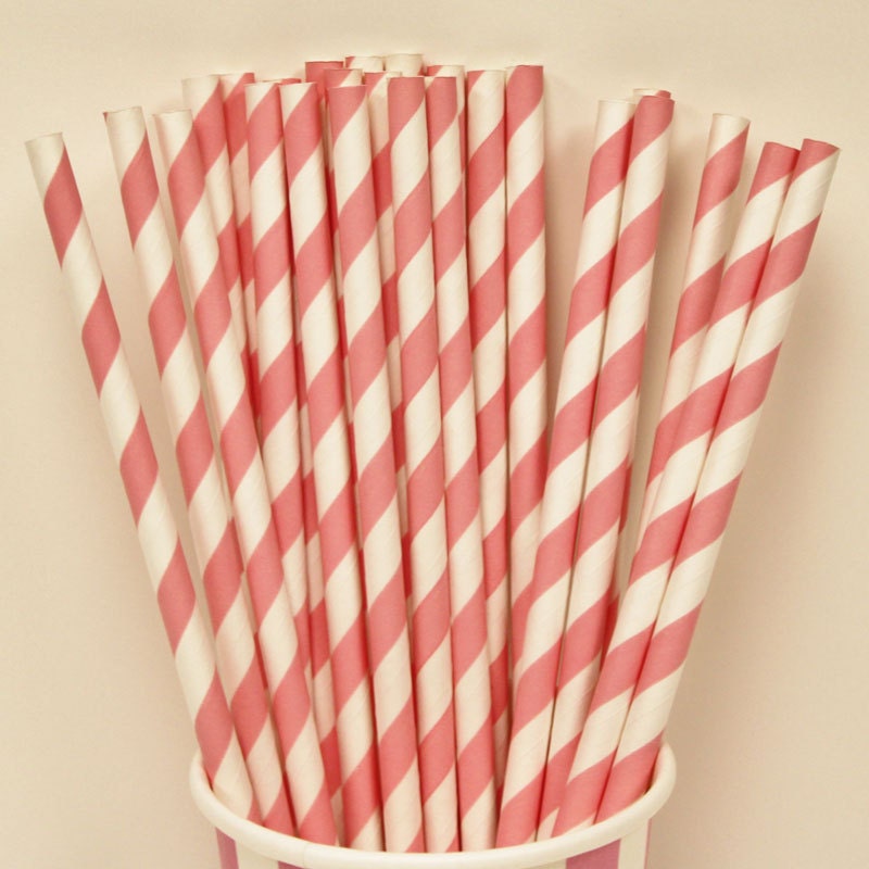 PEACH Striped Paper Straws, 25 PINKY PEACH Paper Drinking Straws with Diy Flags, Wedding Beverage Bar, Birthday Parties, Retro Soda Straws