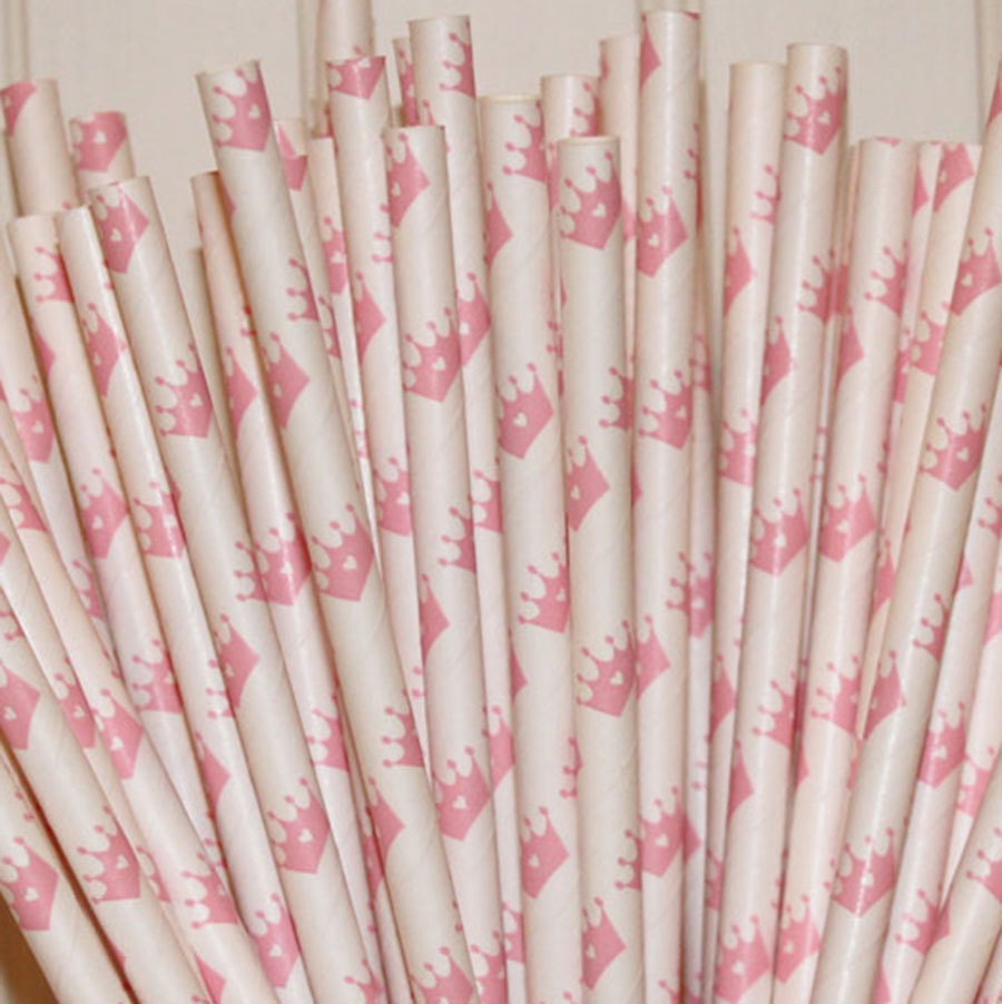 PINK CROWNS  Paper Straws, 25 Pink Crown Paper Straws with Diy Flags, Princess Party, Baby Shower, Girl Parties, Queen