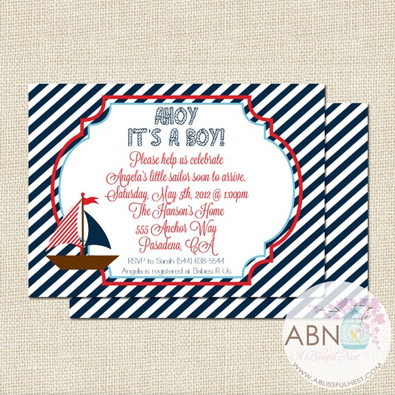 Ahoy Its A Boy Baby Shower Invitation - Nautical Sailboat Baby Shower Invites - PRINTABLE - By A Blissful Nest Il_570xn