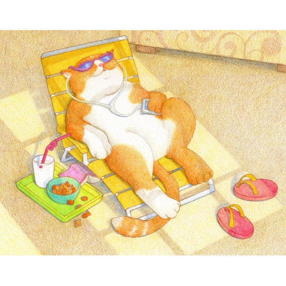Sunbathing Kitty - PRINT of Children's Book Illustration - Cute Cat - Colored Pencil Drawing - Picture Book Art