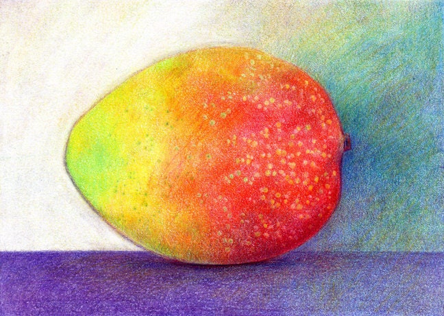 Easter Mango - ORIGINAL Colored Pencil Drawing - Small Food Mango Art - Fruit Kitchen Wall Art