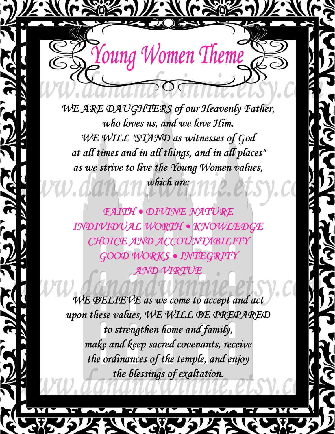 LDS Young Women Theme Printable 8.5x11 inch Printable Digital File Download