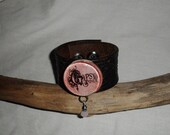 Upcycled Recycled Vintage Leather Belt Cuff Bracelet Gypsy Soul Dark Brown Leather with Pink Pendant