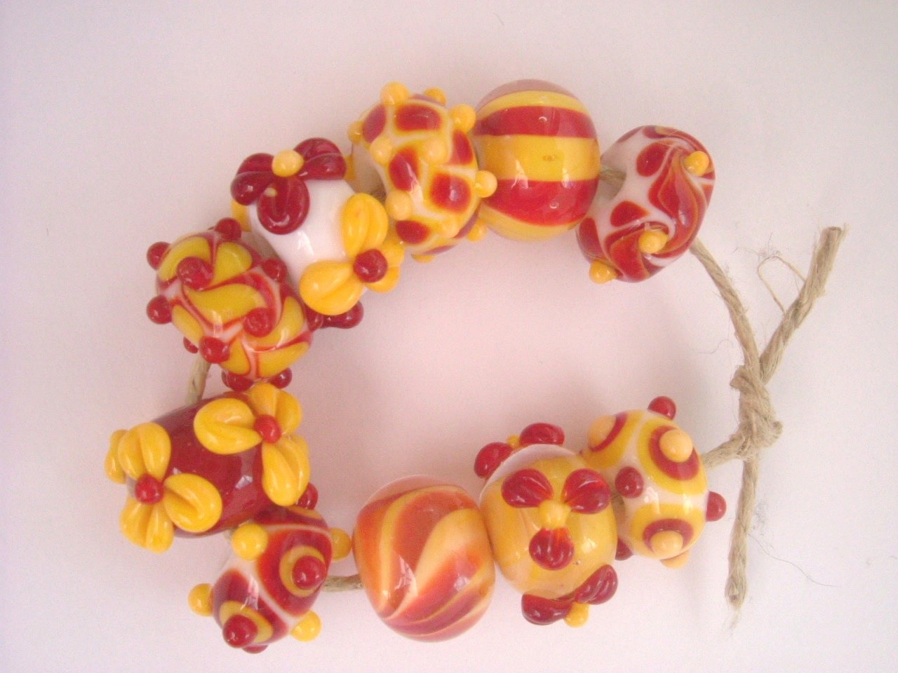 Red and yellow lampwork glass bead set SRA P97