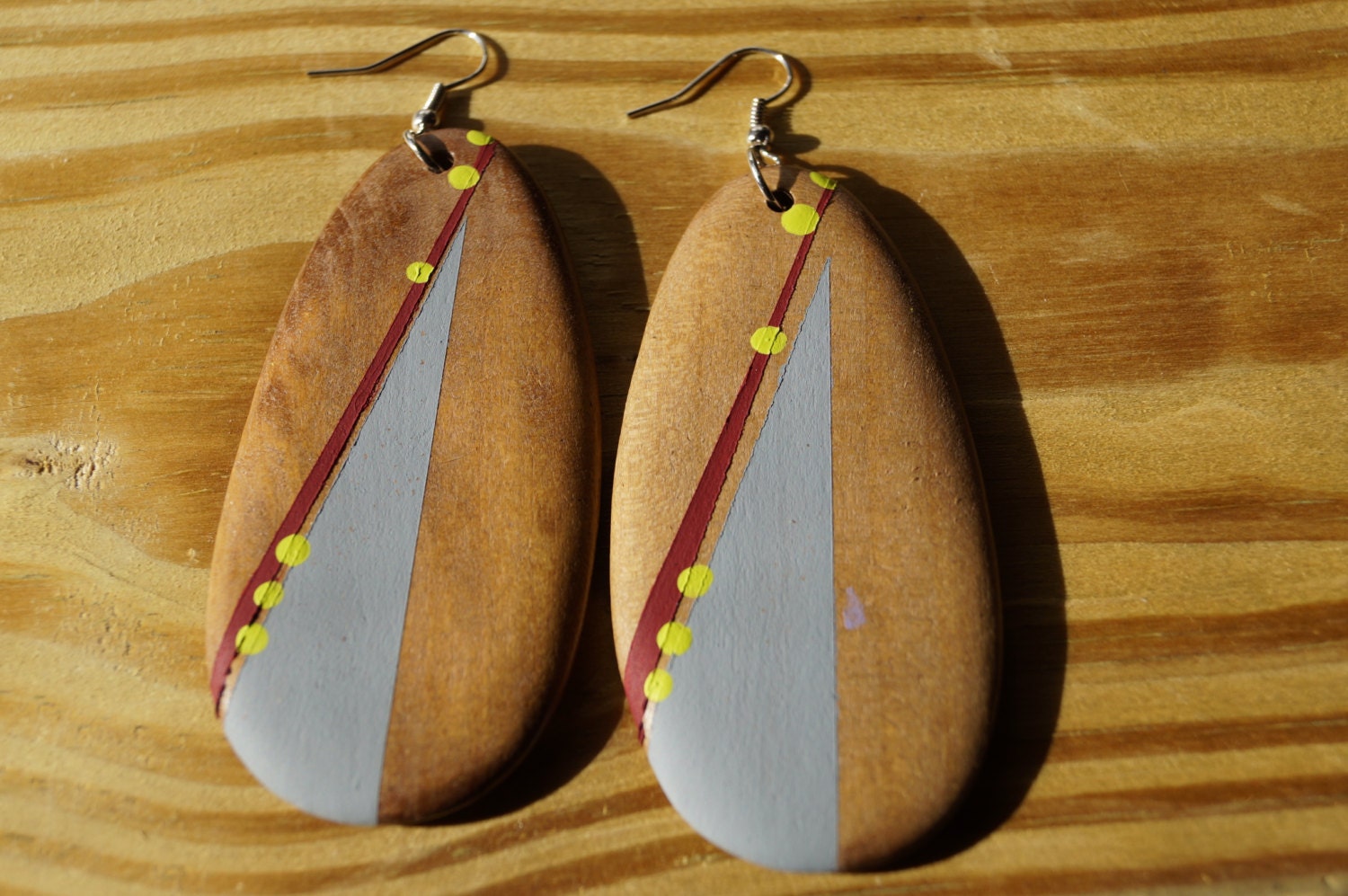 Hand Painted Wooden Oval Earrings in Grey, Lime Green, and Maroon