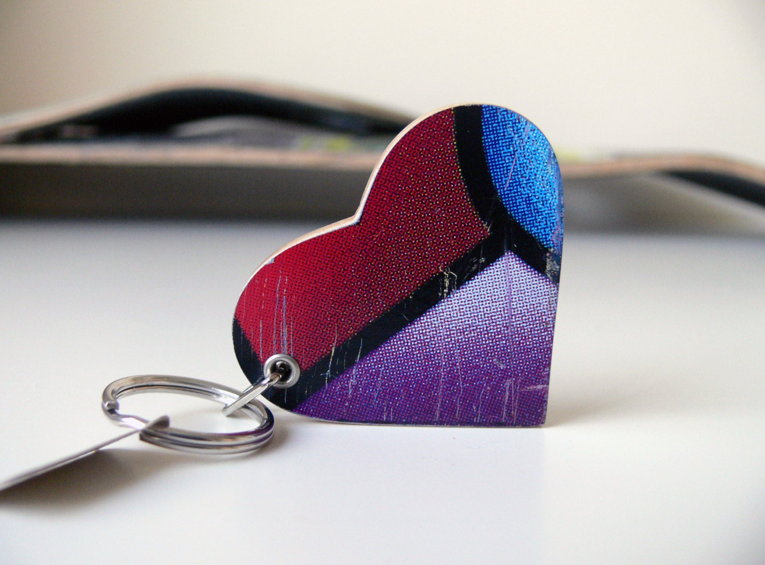 Heart Shaped Key chain Made From Recycled Skateboard Wood Mulitcolor Stain Glass