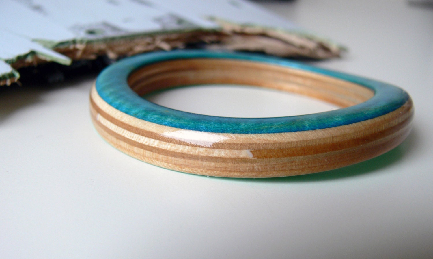 Aqua and Maple Bracelet Bangle made from Recycled Wooden Skateboard with Bright Pastel Green Graphic
