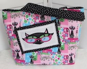 Pink and Black Cool Cat large Tote Bag Hep Cat Purse Polka Dots Ready To Ship