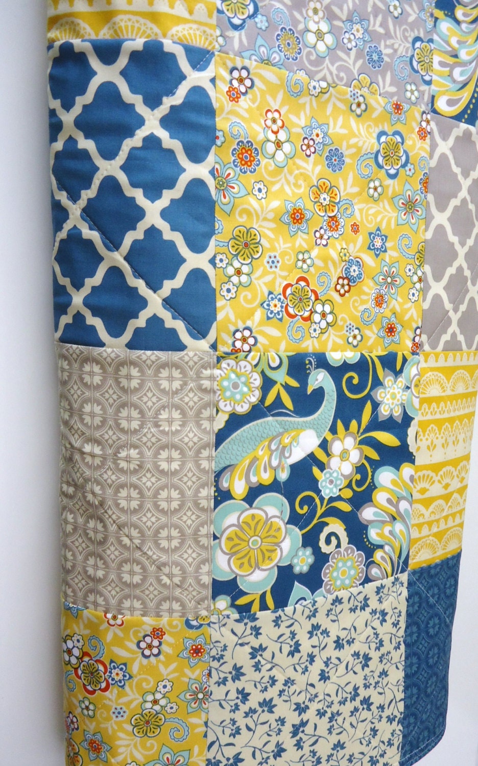 Modern Baby Quilt, Blue, Gray, Grey, Yellow, Modern Baby Bedding Quilt with Moroccan Flair. Bohemian