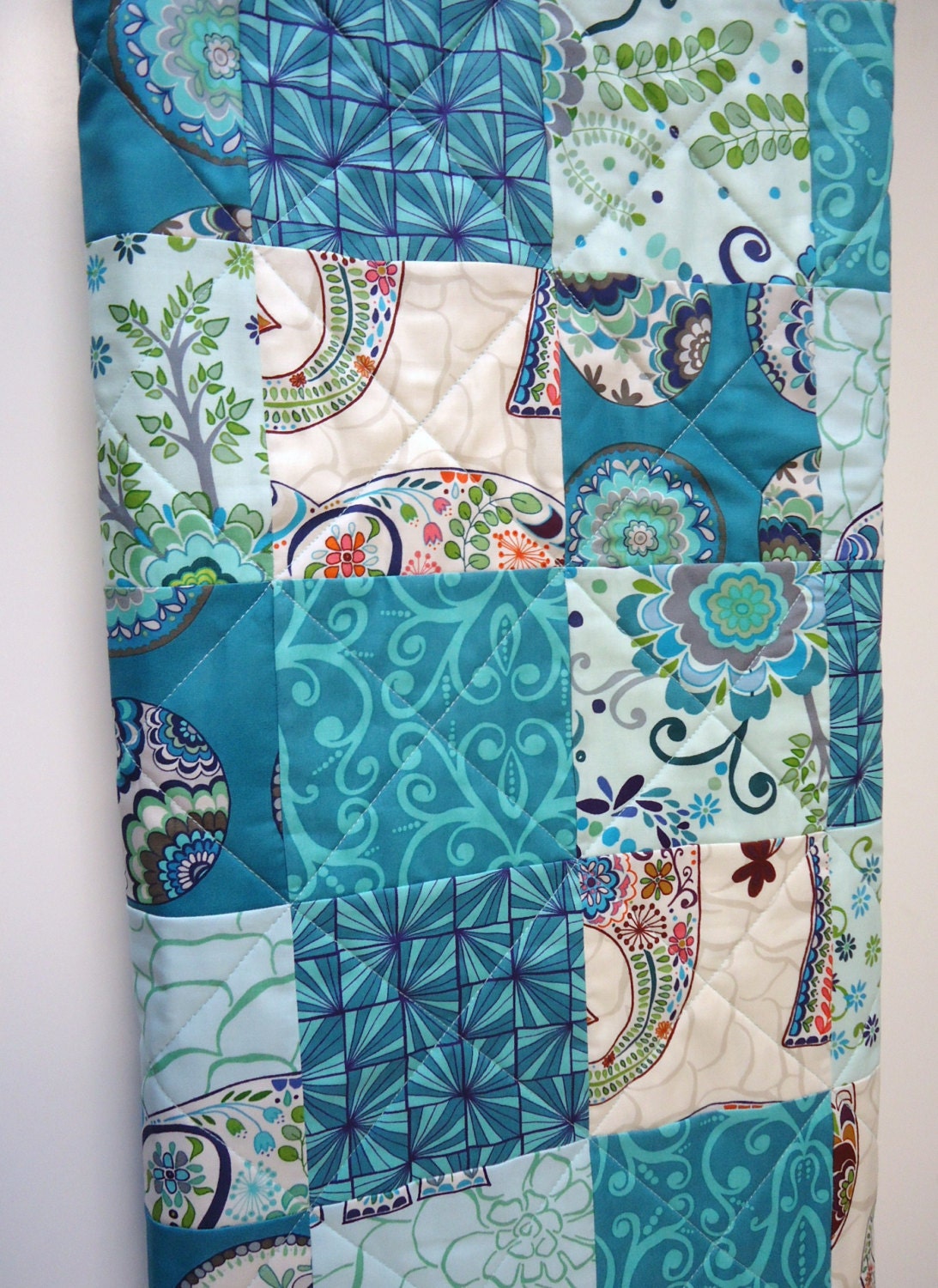 Elephant Baby Quilt Bohemian Bedding, Baby Quilt, Patchwork Crib Quilt, Teal, Elephants,  Karavan Polyester Free