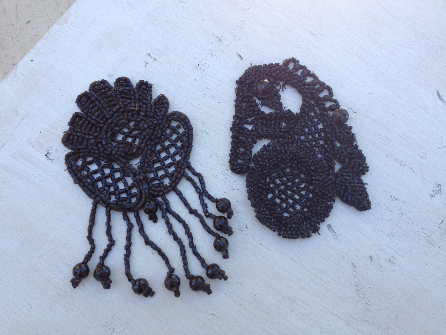 Antique Black Glass Beaded trim  Fringe Nailheads  Mourning beads